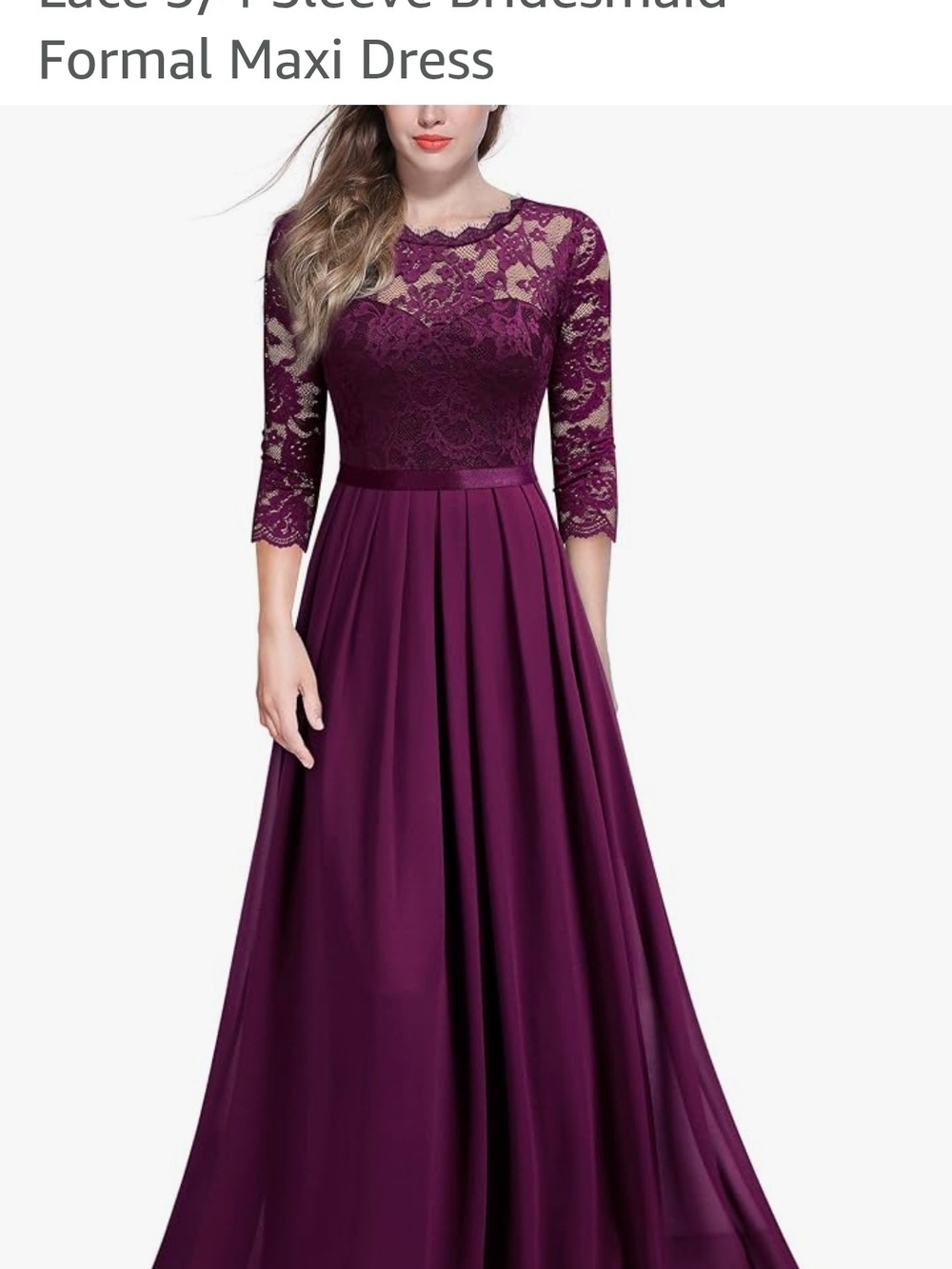 Lace Bodice 3/4 Sleeve Maxi Dress in Deep Plum